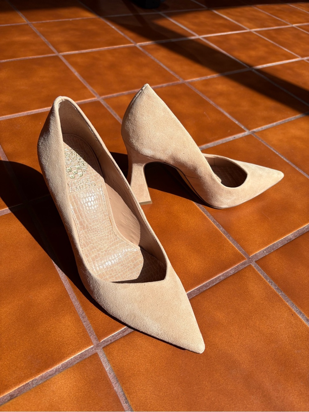 Vince Camuto Akenta Suede Pointed-Toe Pumps in Beige
